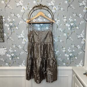 J Crew Black and Gold Checkered Sleeveless Tiered Dress - Size 12 - NWT